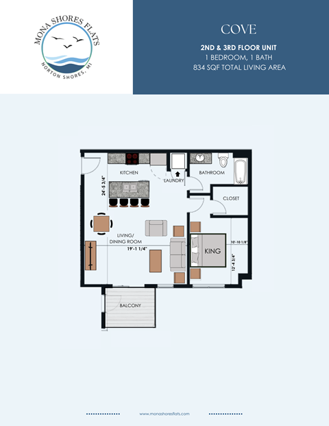 A floor plan for a 2nd and 3rd floor unit at Mona Shores Flats.